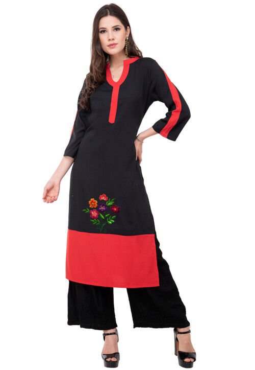 Embroidered Rayon Straight Kurta in Black