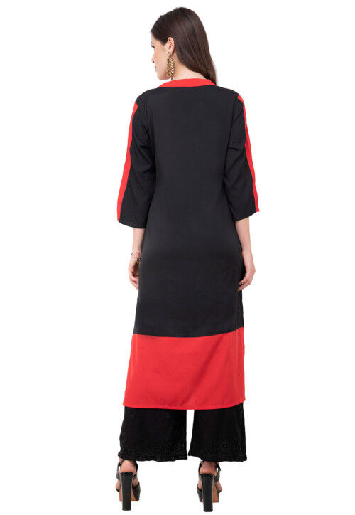 Embroidered Rayon Straight Kurta in Black