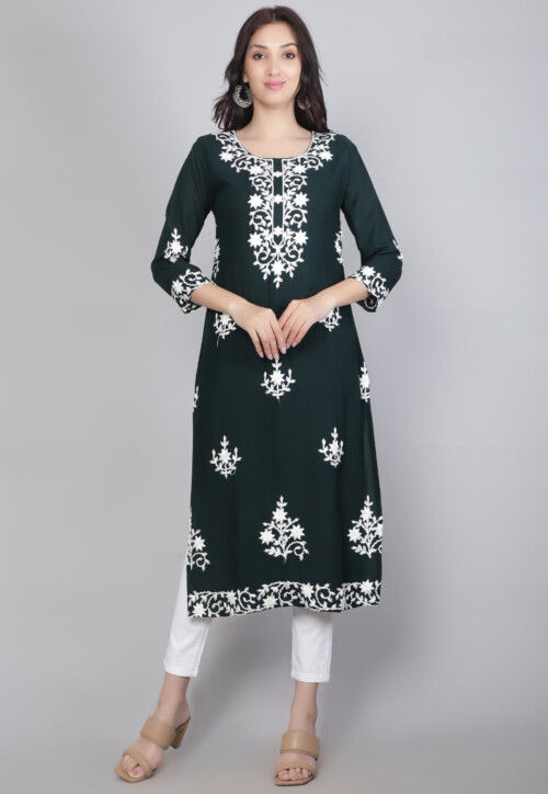 Embroidered Rayon Straight Kurta in Dark Teal Green