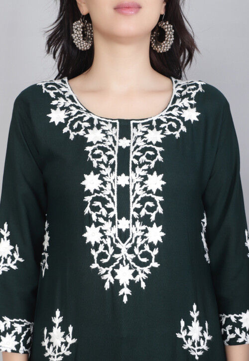 Embroidered Rayon Straight Kurta in Dark Teal Green