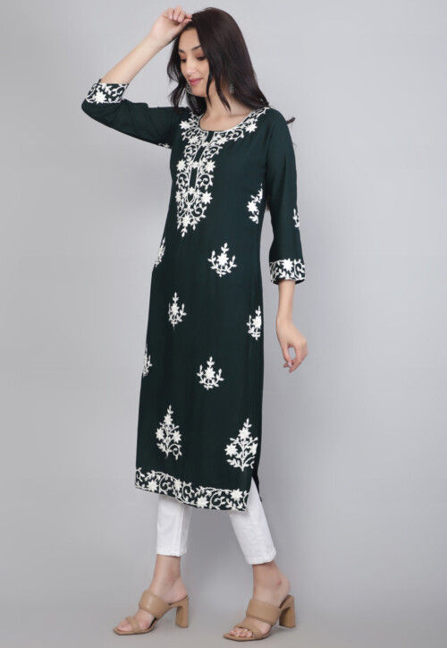 Embroidered Rayon Straight Kurta in Dark Teal Green