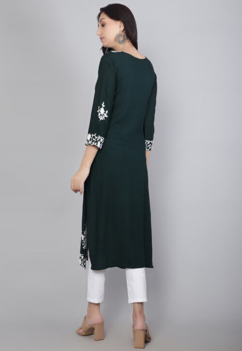 Embroidered Rayon Straight Kurta in Dark Teal Green