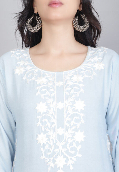 Embroidered Rayon Straight Kurta in Light Blue