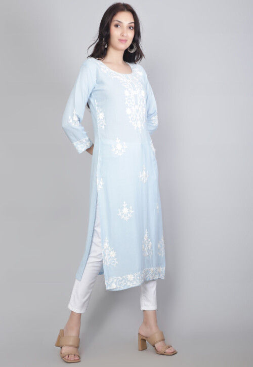 Embroidered Rayon Straight Kurta in Light Blue