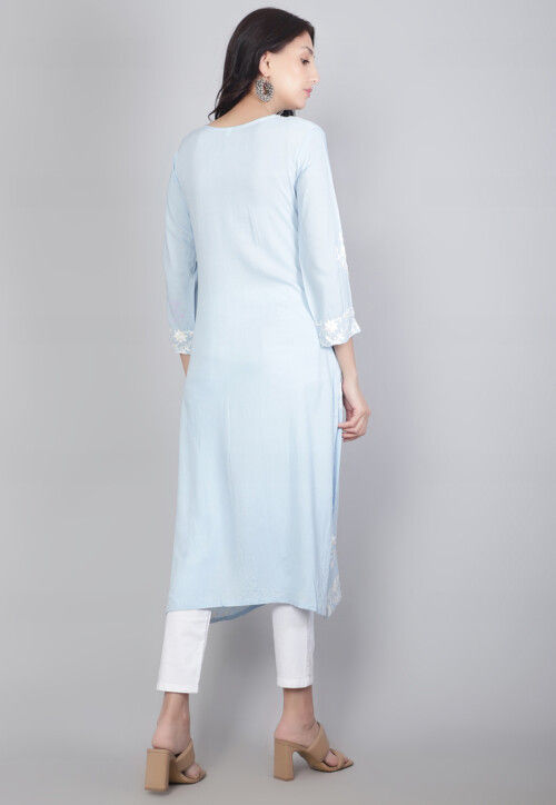 Embroidered Rayon Straight Kurta in Light Blue