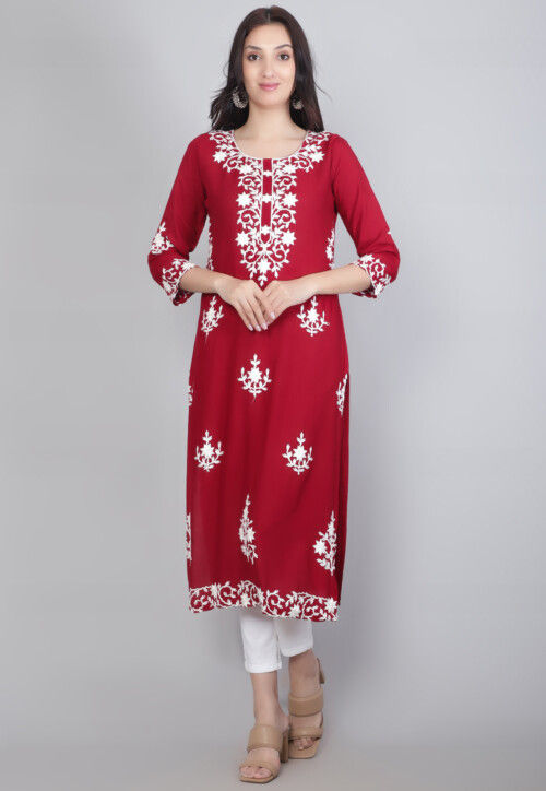 Embroidered Rayon Straight Kurta in Maroon