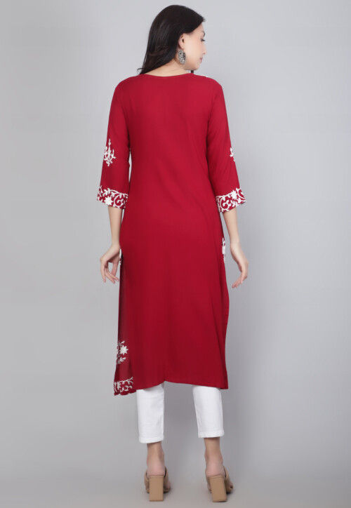 Embroidered Rayon Straight Kurta in Maroon