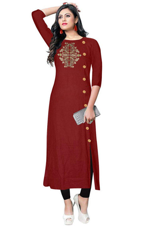 Embroidered Rayon Straight kurta in Maroon