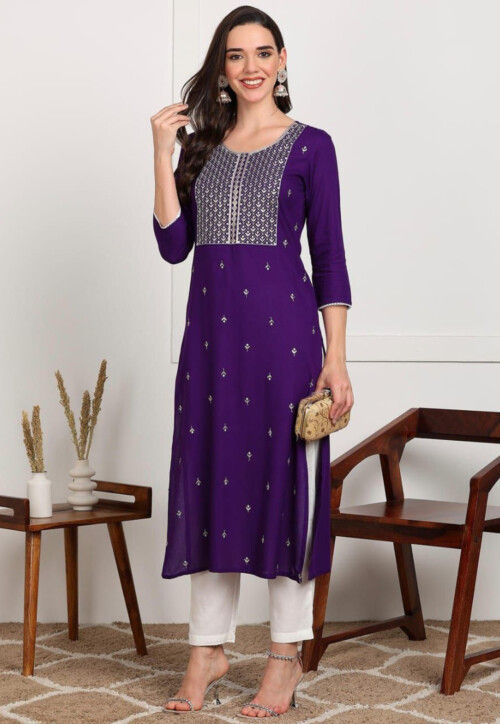 Embroidered Rayon Straight Kurta in Purple