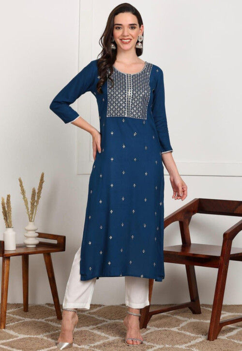 Embroidered Rayon Straight Kurta in Teal Blue