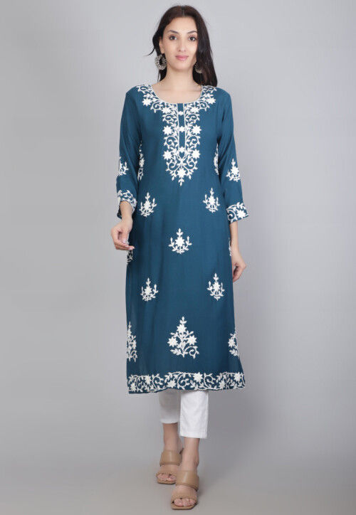 Embroidered Rayon Straight Kurta in Teal Blue