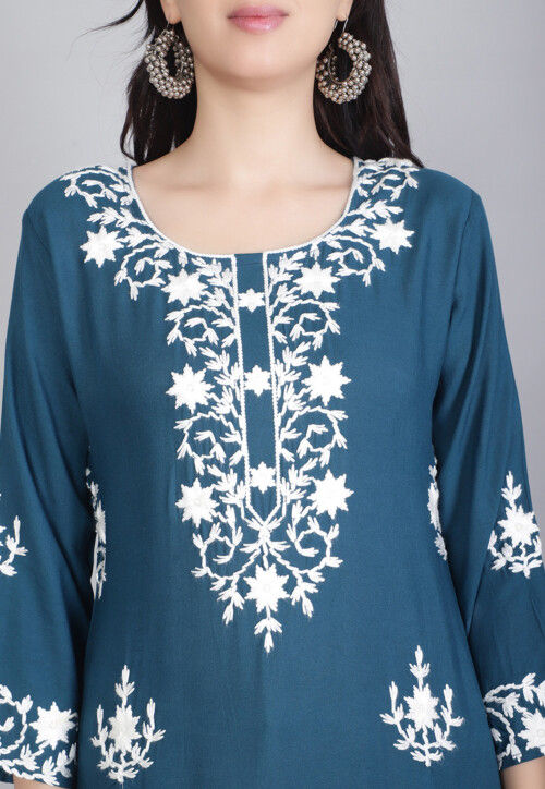 Embroidered Rayon Straight Kurta in Teal Blue