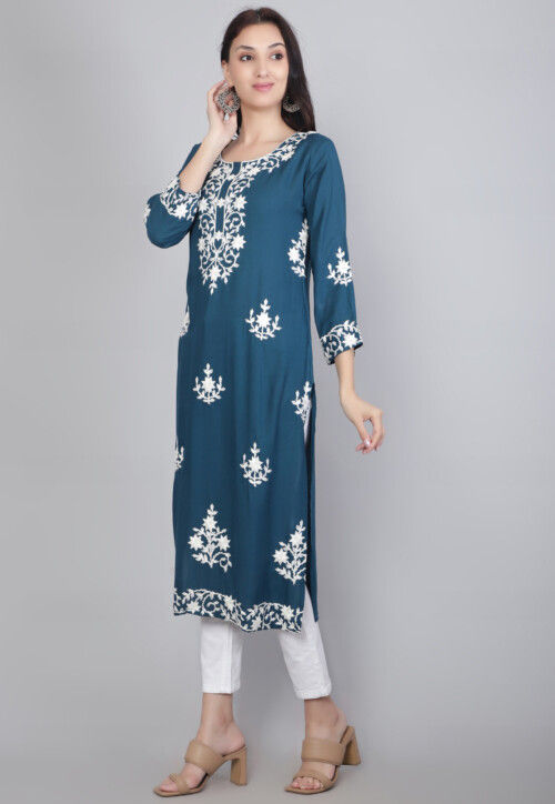 Embroidered Rayon Straight Kurta in Teal Blue
