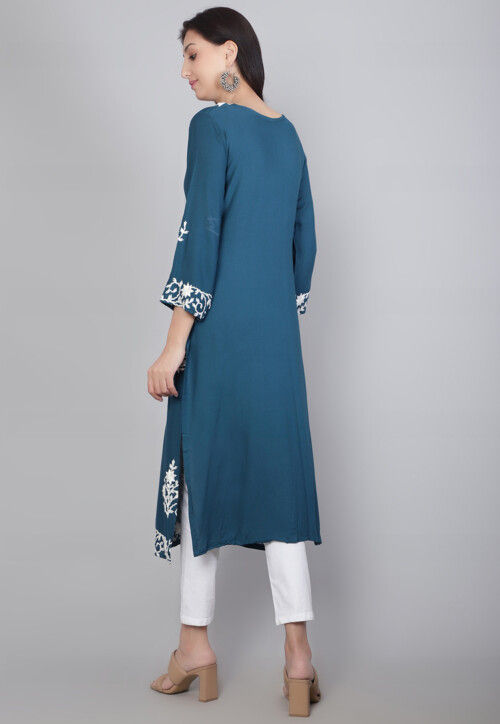 Embroidered Rayon Straight Kurta in Teal Blue