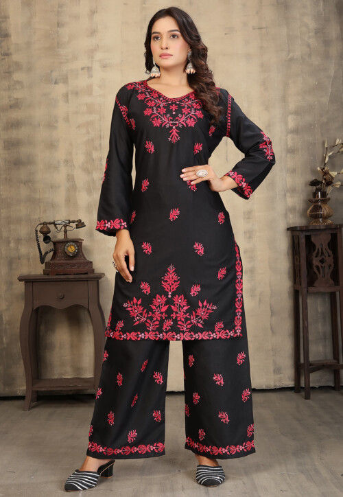 Embroidered Rayon Straight kurta Set in Black