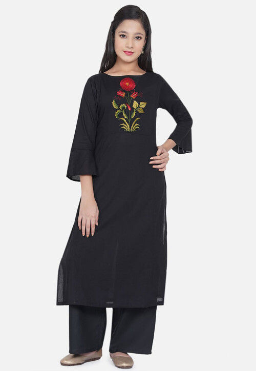 Embroidered Rayon Straight Kurta Set in Black