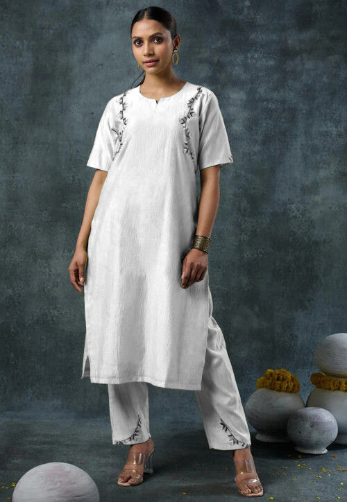 Embroidered Rayon Straight Kurta Set in Off White
