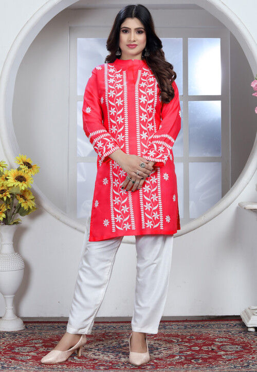 Embroidered Rayon Straight Kurta Set in Red