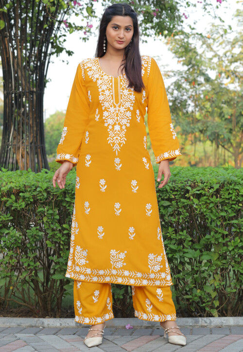 Embroidered Rayon Straight Kurta Set in Yellow