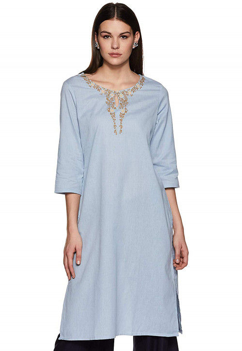 Embroidered Rayon Straight Kurti in Dusty Blue