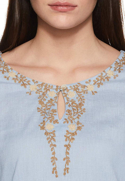 Embroidered Rayon Straight Kurti in Dusty Blue