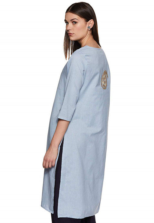 Embroidered Rayon Straight Kurti in Dusty Blue