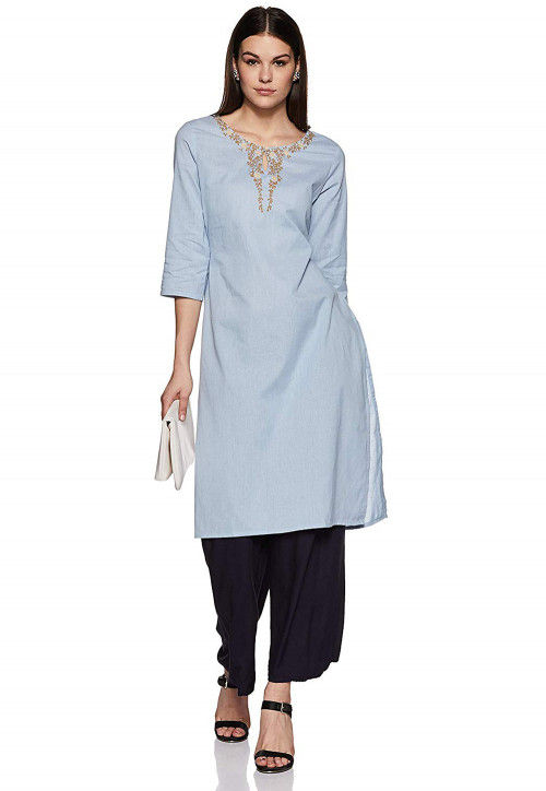 Embroidered Rayon Straight Kurti in Dusty Blue