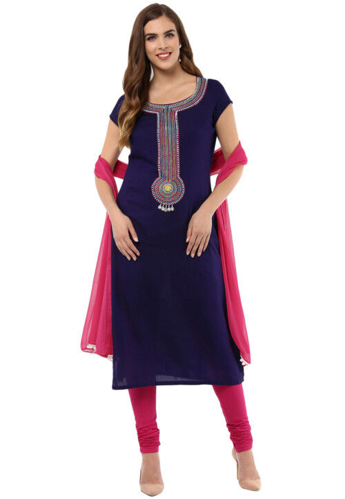 Embroidered Rayon Straight Suit in Navy Blue