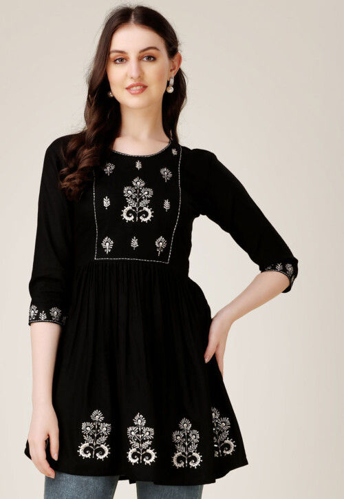 Embroidered Rayon Tunic in Black