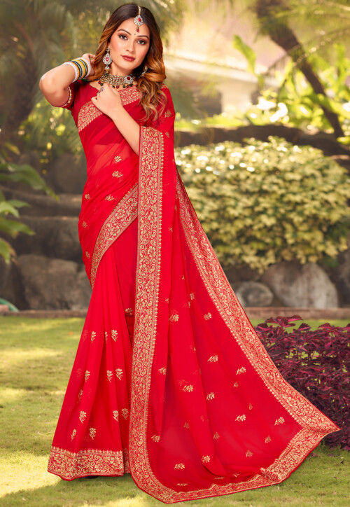 Designer georgette saree baby pink with allover chamki & beaded work –  Prashanti Sarees