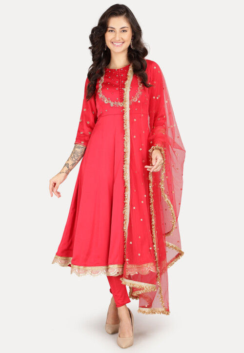 Embroidered Satin Anarkali Suit in Red