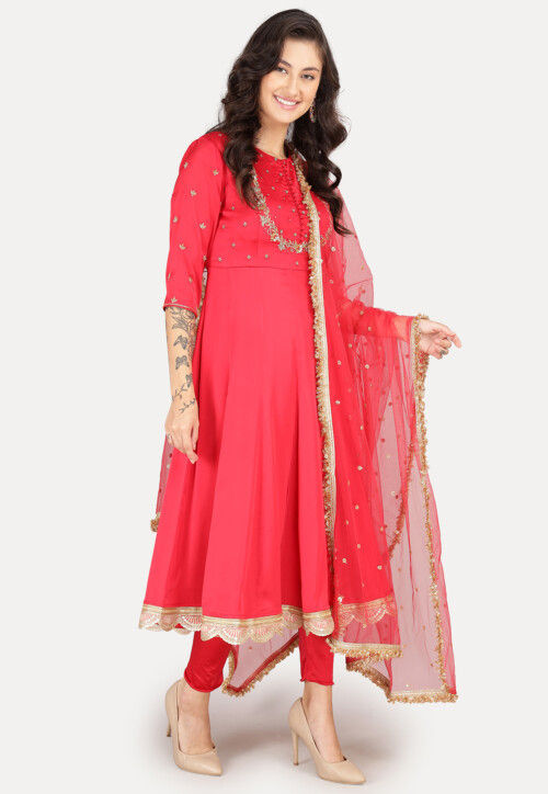 Embroidered Satin Anarkali Suit in Red