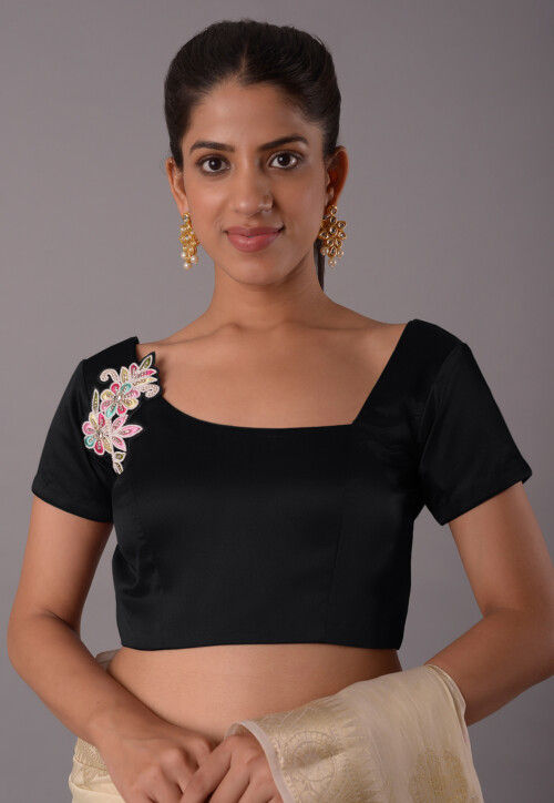 Embroidered Satin Blouse in Black
