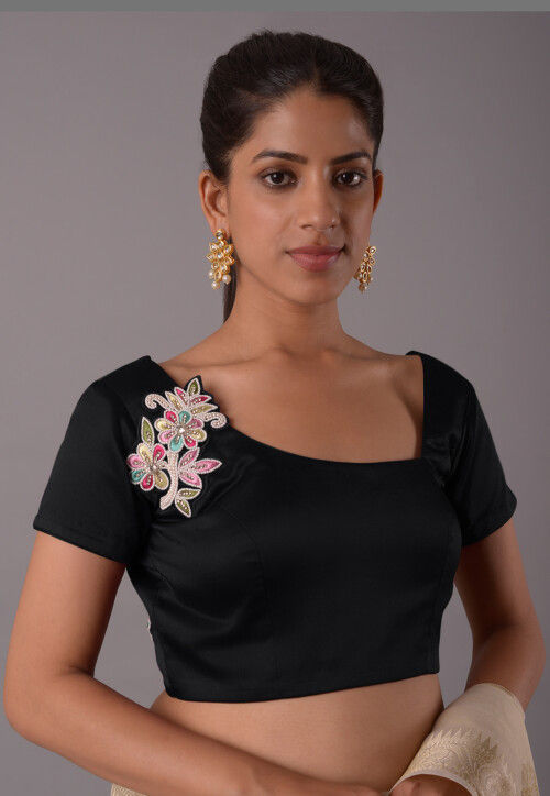 Embroidered Satin Blouse in Black