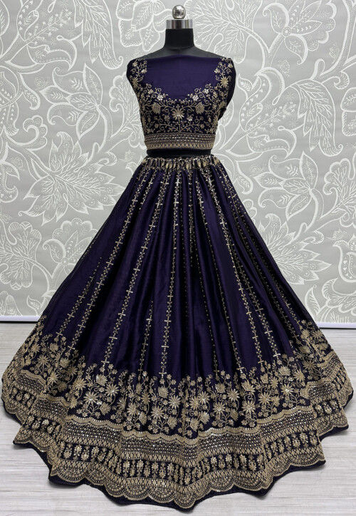 Embroidered Satin Chiffon Lehenga in Navy Blue