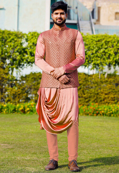 Embroidered Satin Cowl Style Kurta Set in Dark Peach