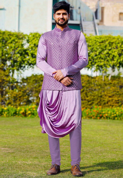 Embroidered Satin Cowl Style Kurta Set in Light Purple