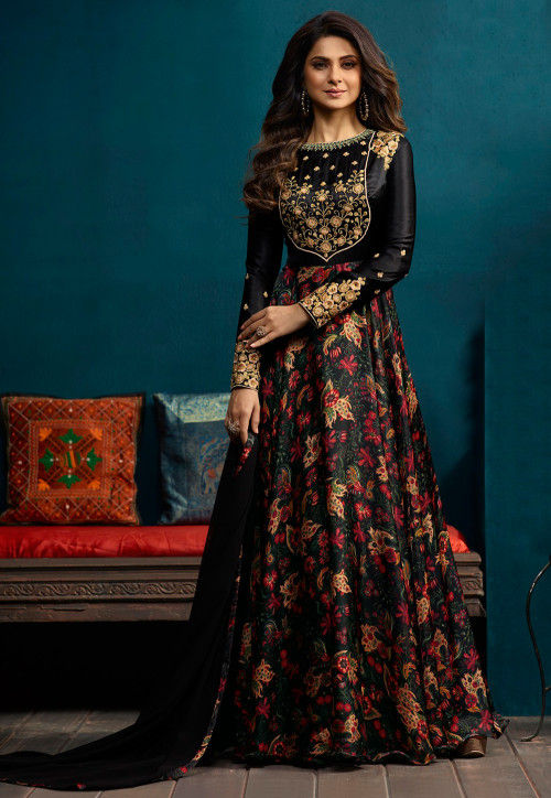 Embroidered Satin Georgette Abaya Style Suit in Black