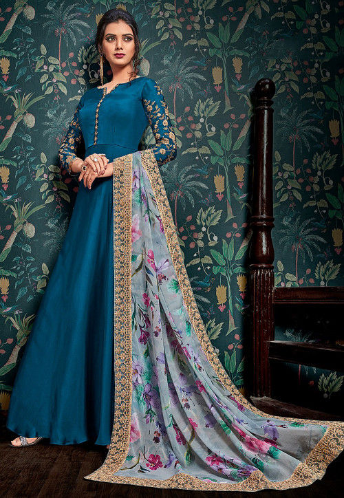 Buy Embroidered Satin Georgette Abaya Style Suit in Blue Online ...
