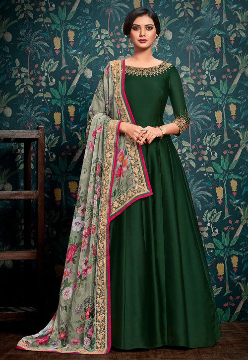 Buy Embroidered Satin Georgette Abaya Style Suit in Dark Green Online ...