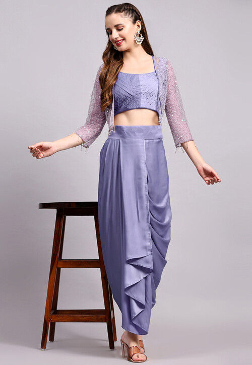 Buy Embroidered Satin Georgette Crop Top set in Dusty Blue Online