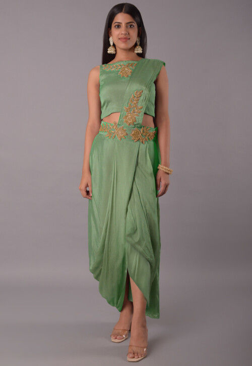 Buy Embroidered Satin Georgette Crop Top Set in Green Online