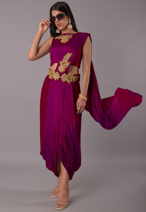 Buy Embroidered Satin Georgette Crop Top Set in Magenta Online : TBN148 ...