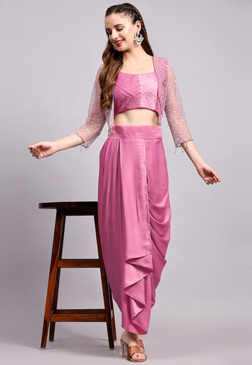 Buy Embroidered Satin Georgette Crop Top set in Purple Online