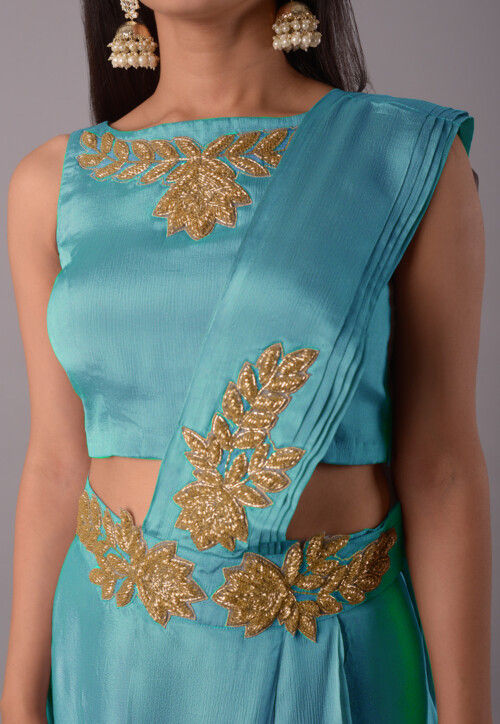 Buy Embroidered Satin Georgette Crop Top Set in Sky Blue Online ...