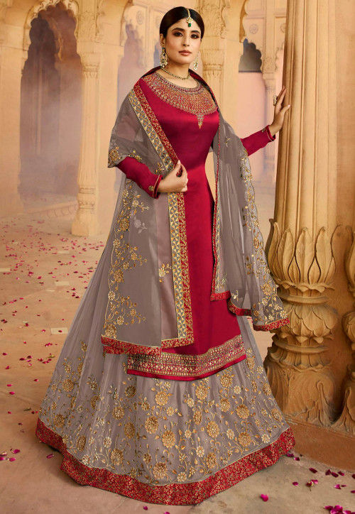 Buy Online Red and Grey Embroidered Designer Lehenga with Dupatta – Pure  Elegance