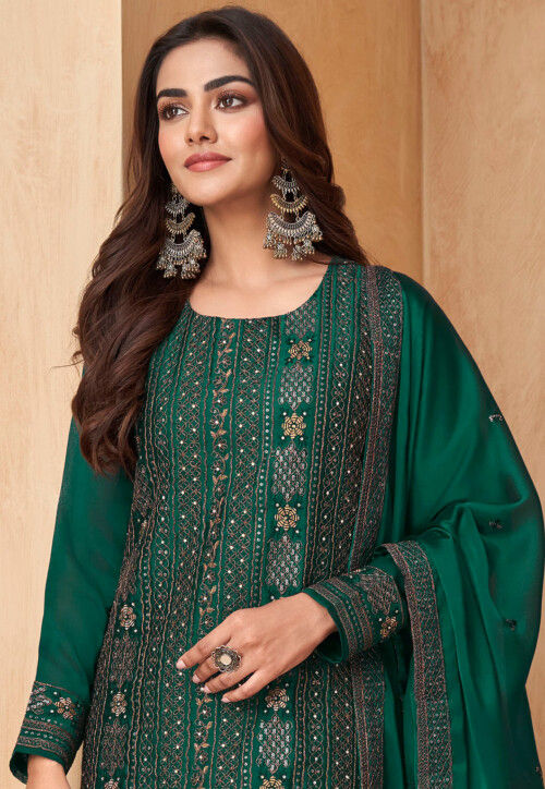 Buy Embroidered Satin Georgette Pakistani Suit in Dark Green Online ...