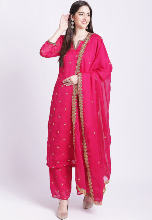 Embroidered Satin Georgette Pakistani Suit in Fuchsia