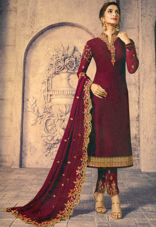 Maroon pakistani dress best sale