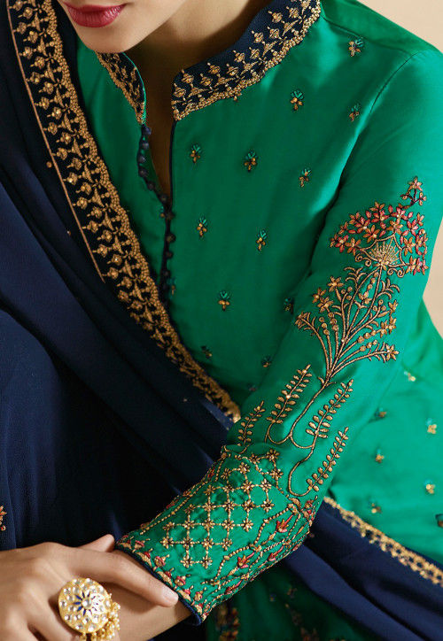 Embroidered Satin Georgette Pakistani Suit in Teal Green : KCH4480